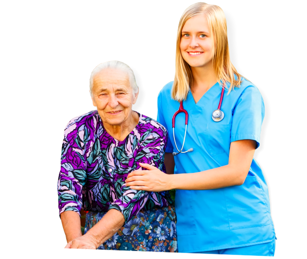elderly woman wearing purple dress with her caregiver